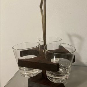 Vintage MCM Drink Caddy with 3 glasses. Wood/brass